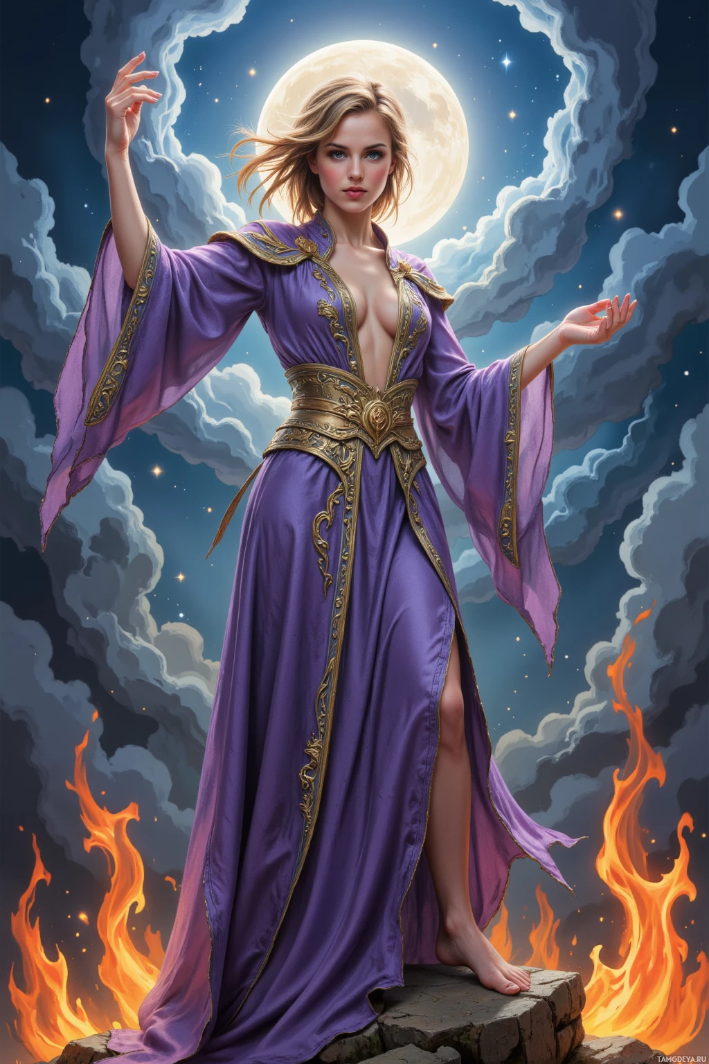 Realistic high quality photo. Tall 27‑year‑old woman with flowing light brown hair, striking violet eyes, fair skin, wearing elegant mystical robes with subtle elemental motifs, mid‑punching the moon in a moonlit clearing as flames dance around her and gusts of wind swirl in rhythmic patterns, with storm clouds swirling overhead.