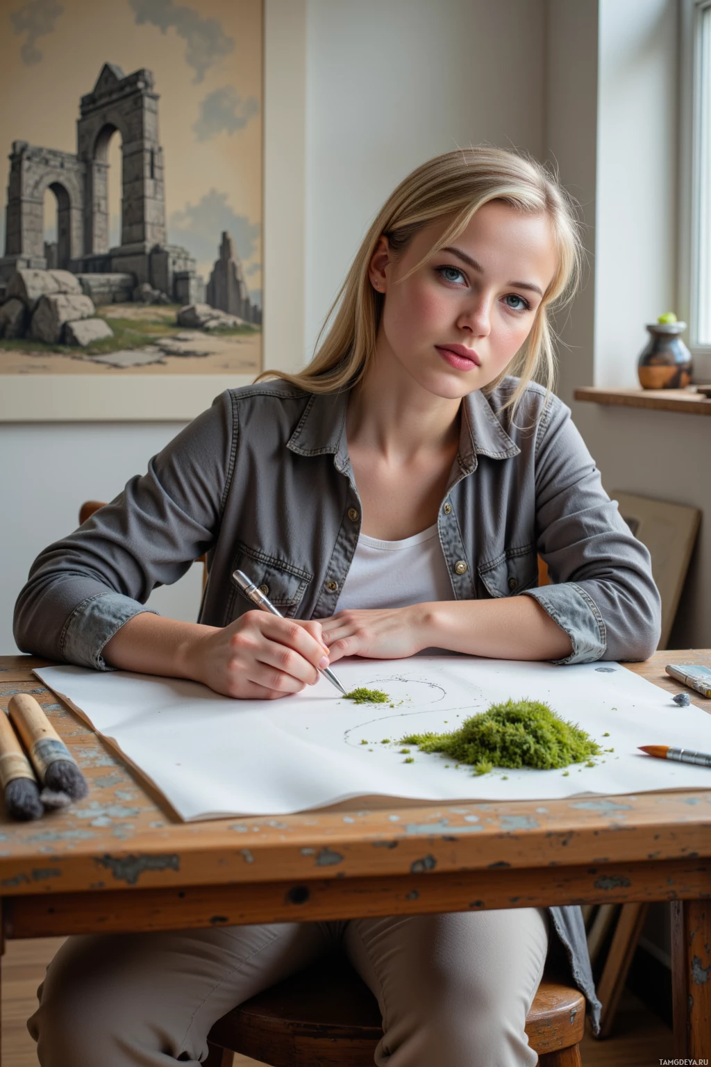 Realistic high quality photo. A 35‑year‑old woman with long blonde hair tied in a ponytail, blue eyes, wearing a loose jacket over a white shirt and light linen trousers, sits at a wooden studio desk cluttered with old brushes and a small pile of moss on a table, tracing the moss onto paper while a sketch of ruined stone architecture hangs on the wall, the studio lit by soft natural light and filled with quiet, methodical work.