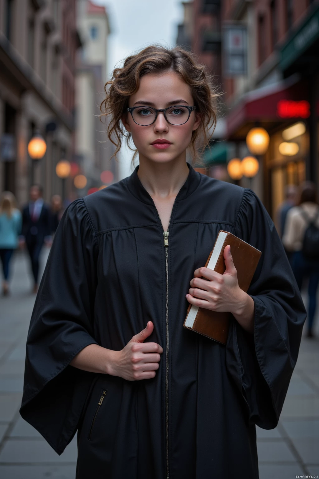 Человек в выпускной мантии держит книгу, стоя на городской улице.