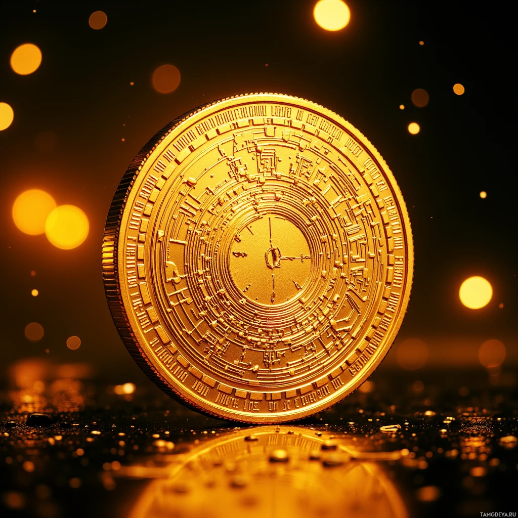 Крупный план сверкающей, искусно выполненной золотой монеты с отражающей поверхностью и светящимся фоном.