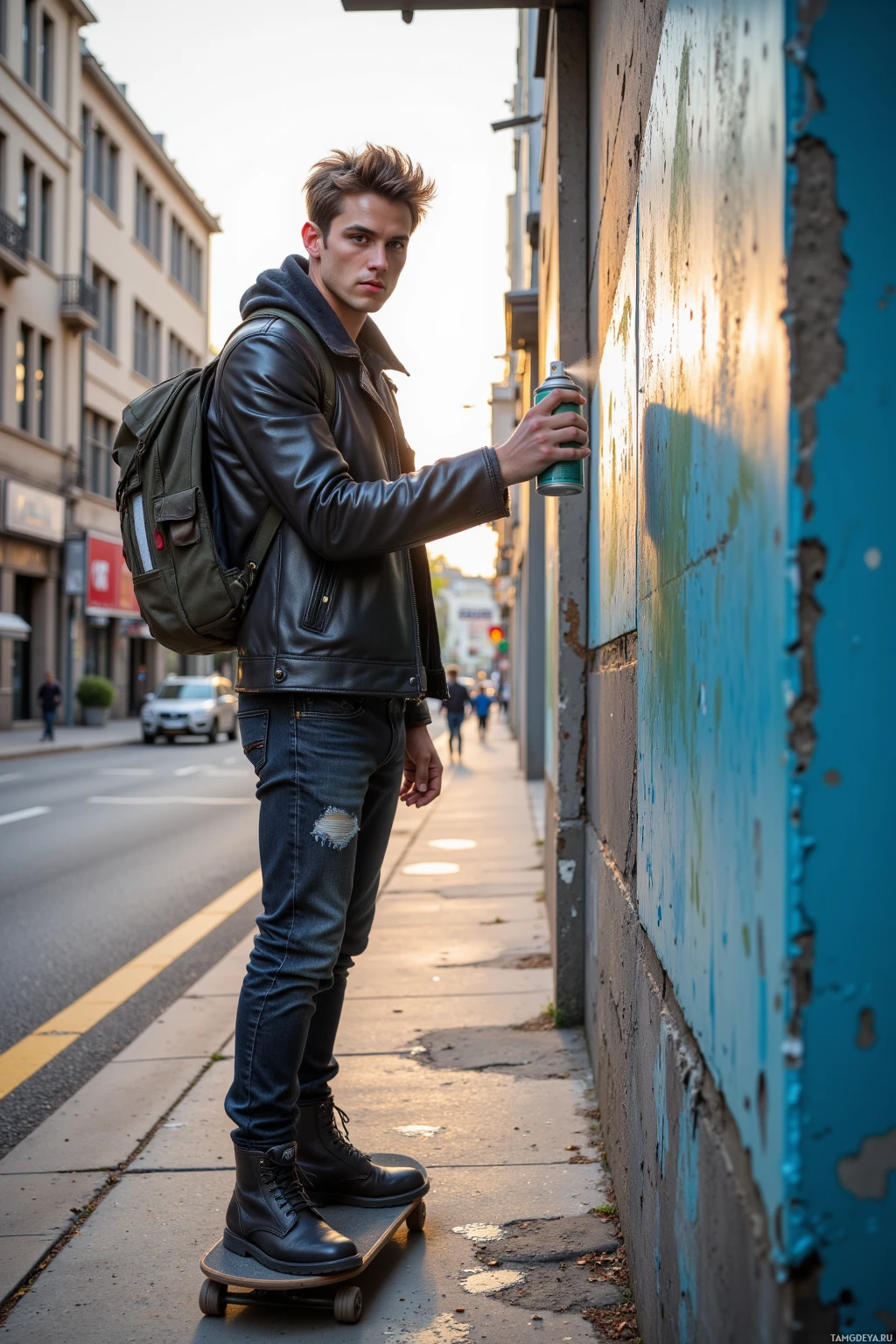 Человек в кожаной куртке и джинсах стоит на скейтборде, держа баллончик с краской рядом со стеной.