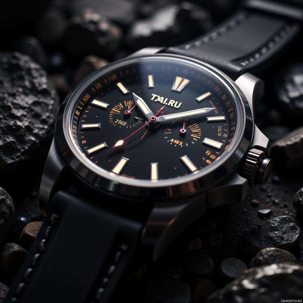 Крупный план изящных черных наручных часов с лаконичным дизайном и кожаным ремешком.