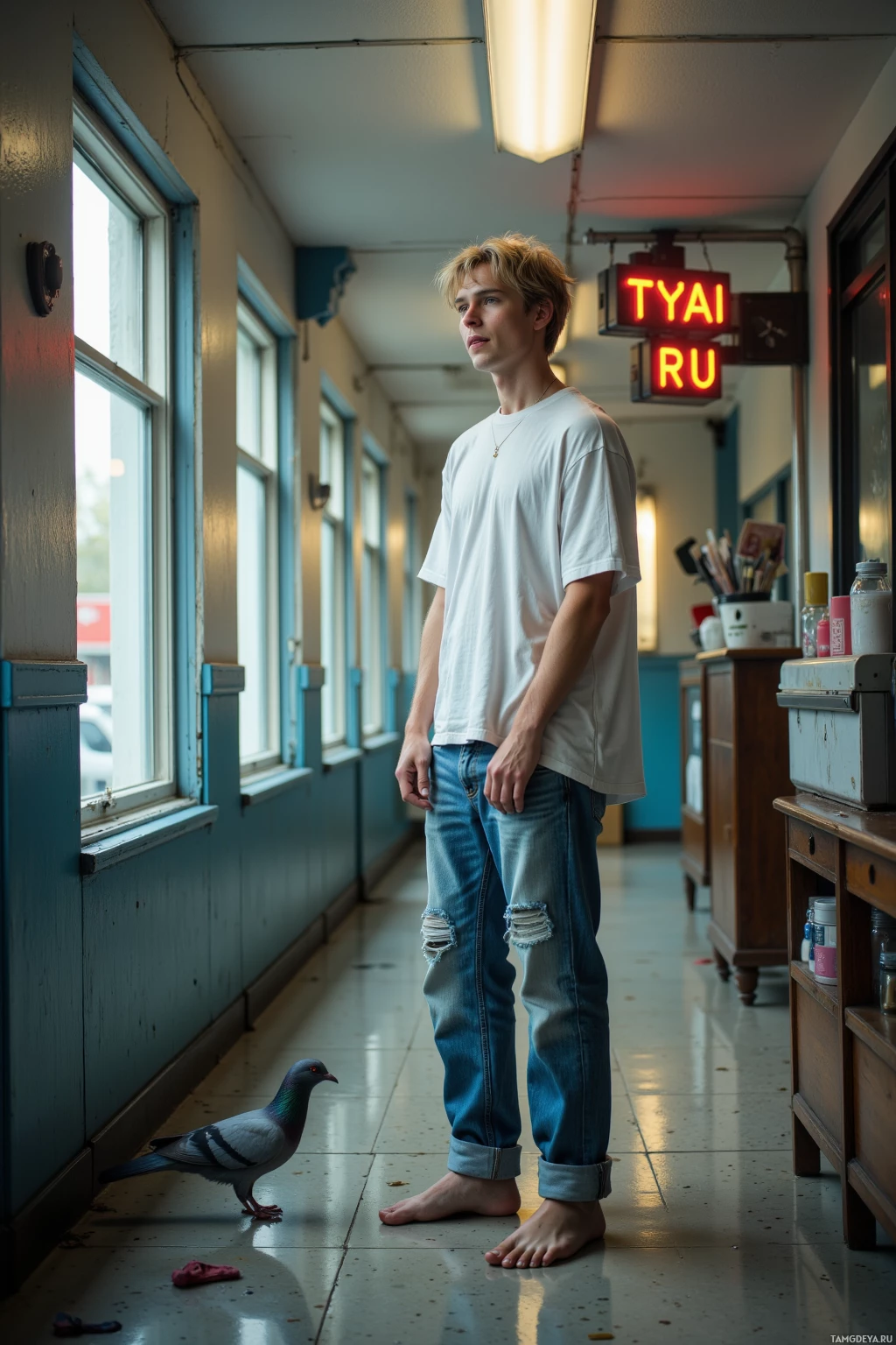 Молодой человек стоит босиком в коридоре, рядом голубь.