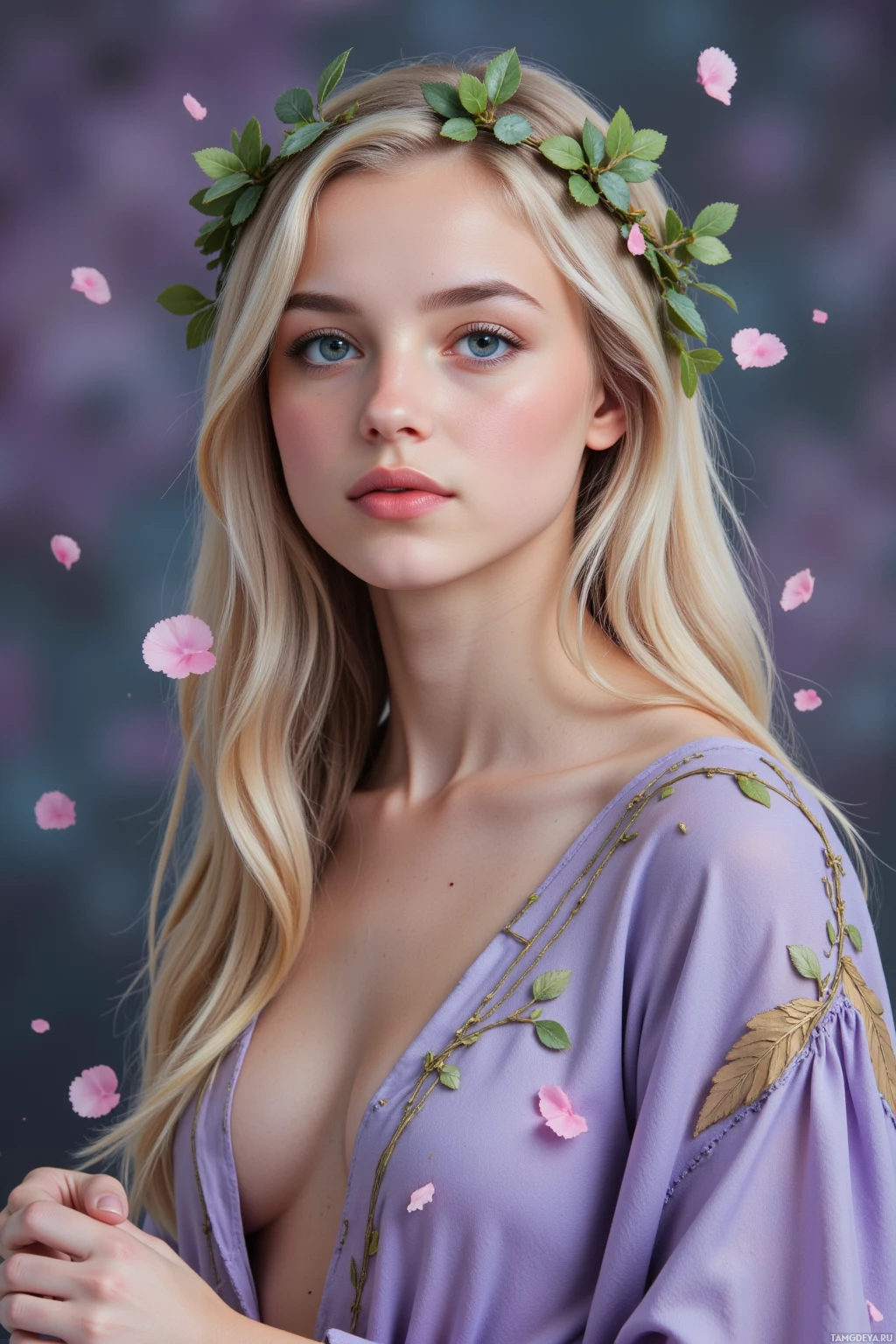 У женщины с длинными светлыми волосами на голове цветочный венок, а на ней фиолетовое платье с цветочной вышивкой, вокруг неё кружатся нежные розовые лепестки.