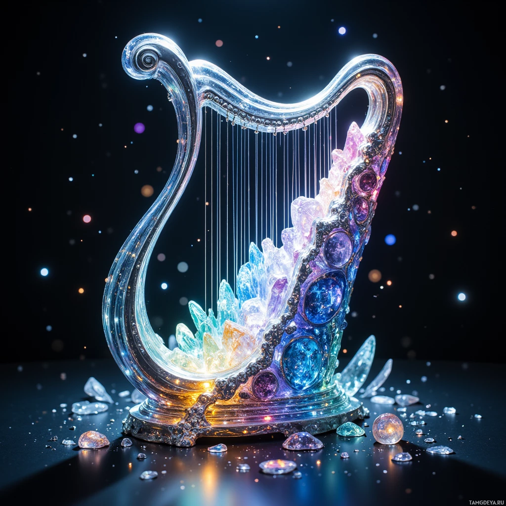 Semi-abstract image with many light, that is suitable for the post:  silver-plated Aeolian glass harp with elegant lyre shape, crystalline strings refracting light into colorful kaleidoscopic patterns, glowing when tuned to a harmonic, featuring subtle integrated circuitry elements.