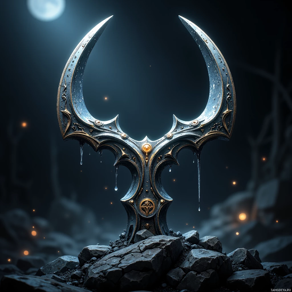 Semi-abstract image with many light, that is suitable for the post:  Twin‑blade grappling hook forged from cold iron, polished with moonlit sheen, razor‑thin sleek frame, edges streaked black like coal, a subtle etched rune at the base, integrated weight‑sensing sensor, ancient yet modern design.