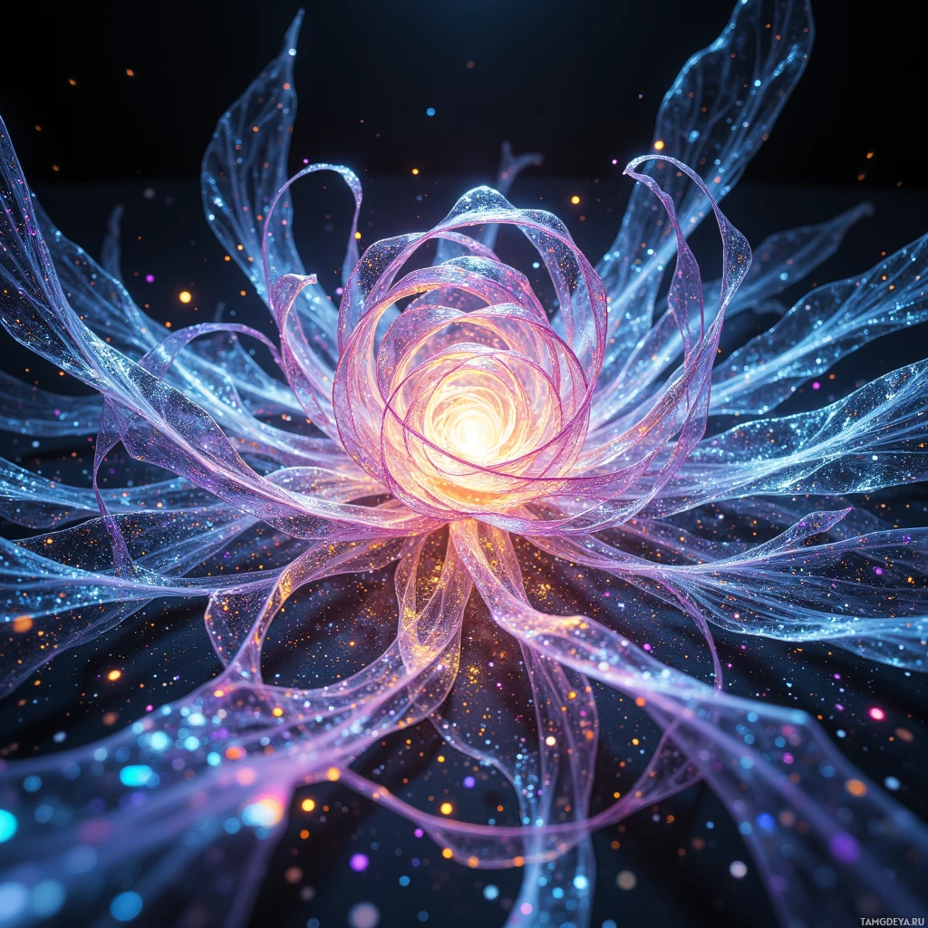 Светящаяся, абстрактная, неземная структура, напоминающая цветок, с плавными, полупрозрачными лепестками и сияющим центром на темном фоне.
