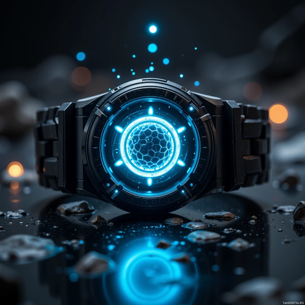 Футуристичные наручные часы с синими светящимися элементами и шестиугольным узором на циферблате, расположенные на тёмной, отражающей поверхности, усыпанной мелкими камнями.