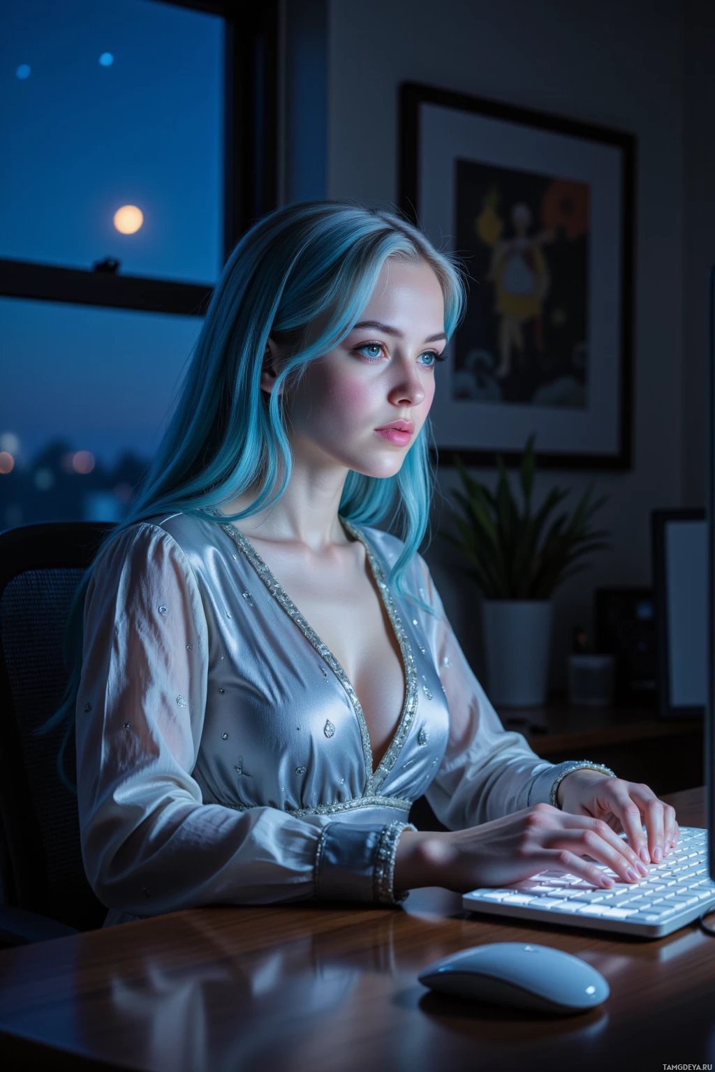 Realistic high quality photo. Woman, 25, pale blue hair, delicate features, soft pale skin, wearing a flowing silver dress with crescent moon pattern, seated at a desk in a dimly lit home office at night, illuminated by the glow of a computer monitor as she types code, a faint starlit window behind her, modern realism.