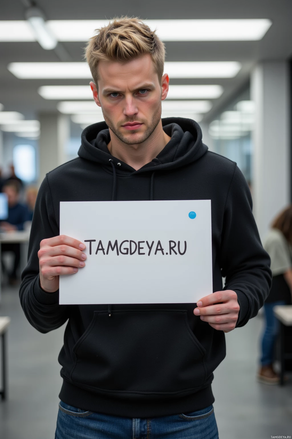 Realistic high quality photo. Male, 27, short blonde hair, blue eyes, pale skin, wearing a black hoodie and slim jeans, standing in a modern office at midday, holding a printed advertisement with a missing dot in its logo, squinting at the typo with a focused, skeptical expression.