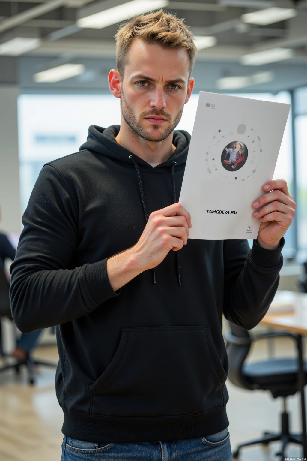 Realistic high quality photo. Male, 27, short blonde hair, blue eyes, pale skin, wearing a black hoodie and slim jeans, standing in a modern office at midday, holding a printed advertisement with a missing dot in its logo, squinting at the typo with a focused, skeptical expression.