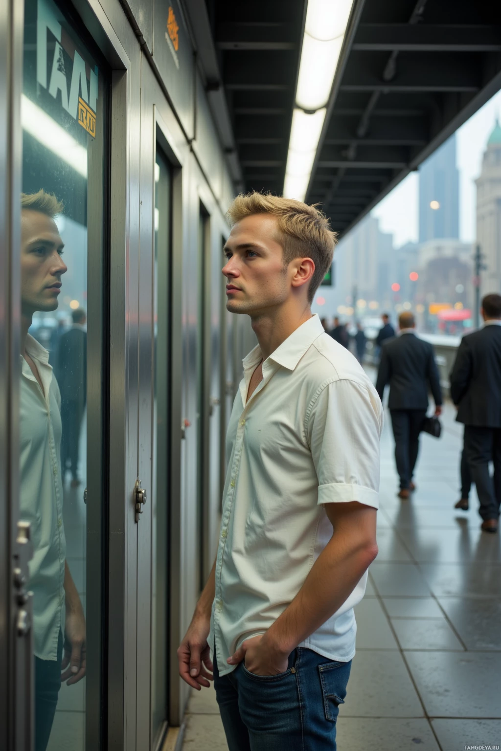 Мужчина в белой рубашке стоит на тротуаре в городе, глядя в сторону.