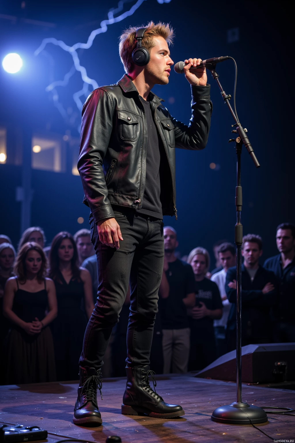 Человек в кожаной куртке и наушниках выступает на сцене с микрофоном.