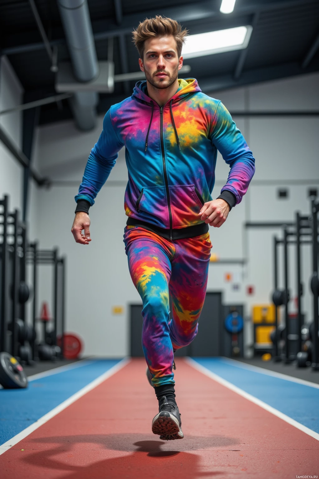Realistic high quality photo. Tall 29‑year‑old male with spiky brown hair and bright blue eyes, wearing bold‑patterned pants and a vibrant hoodie, sprinting down a makeshift track inside a modern gym lined with weight racks.