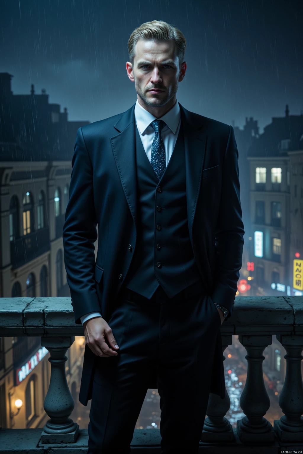 Realistic high quality photo. Tall 45‑year‑old male with dark blonde hair, piercing blue eyes, pale complexion and a refined jawline, wearing a black three‑piece suit, crisp white shirt and patterned tie, standing on a dimly lit rooftop balcony at night, rain falling, fog swirling, neon glow illuminating wet urban alleyways below, watching with a polite smile while keeping his cards close, exuding calculated secrecy.