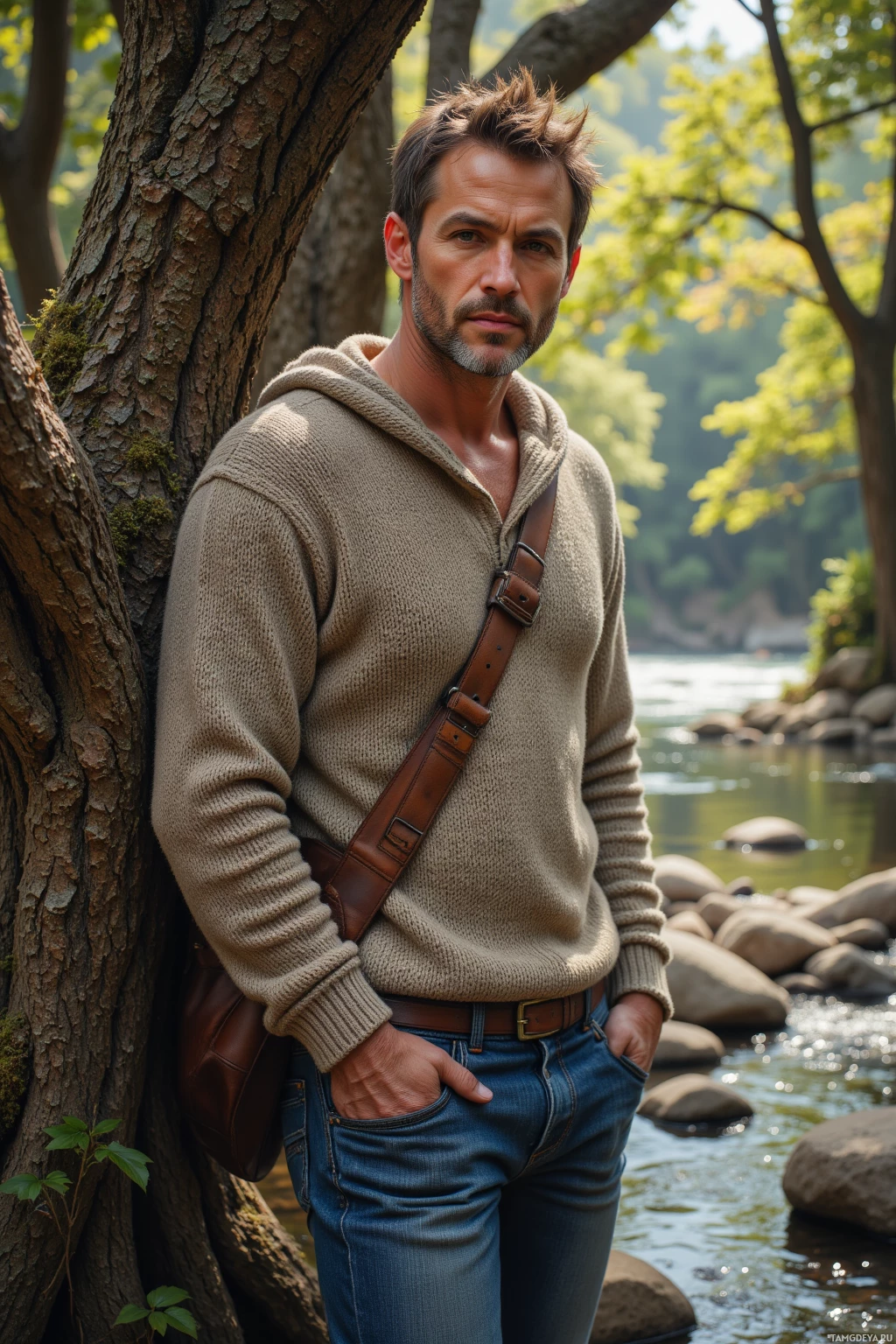 Realistic high quality photo. A 50‑year‑old weathered man with short salt‑and‑pepper hair and warm brown eyes, wearing a simple cozy sweater and well‑worn jeans, stands beside a river carving through stone in an ancient oak grove under late‑afternoon sunlight, while the sun dapples the bark, embodying calm wisdom and protective steadiness.
