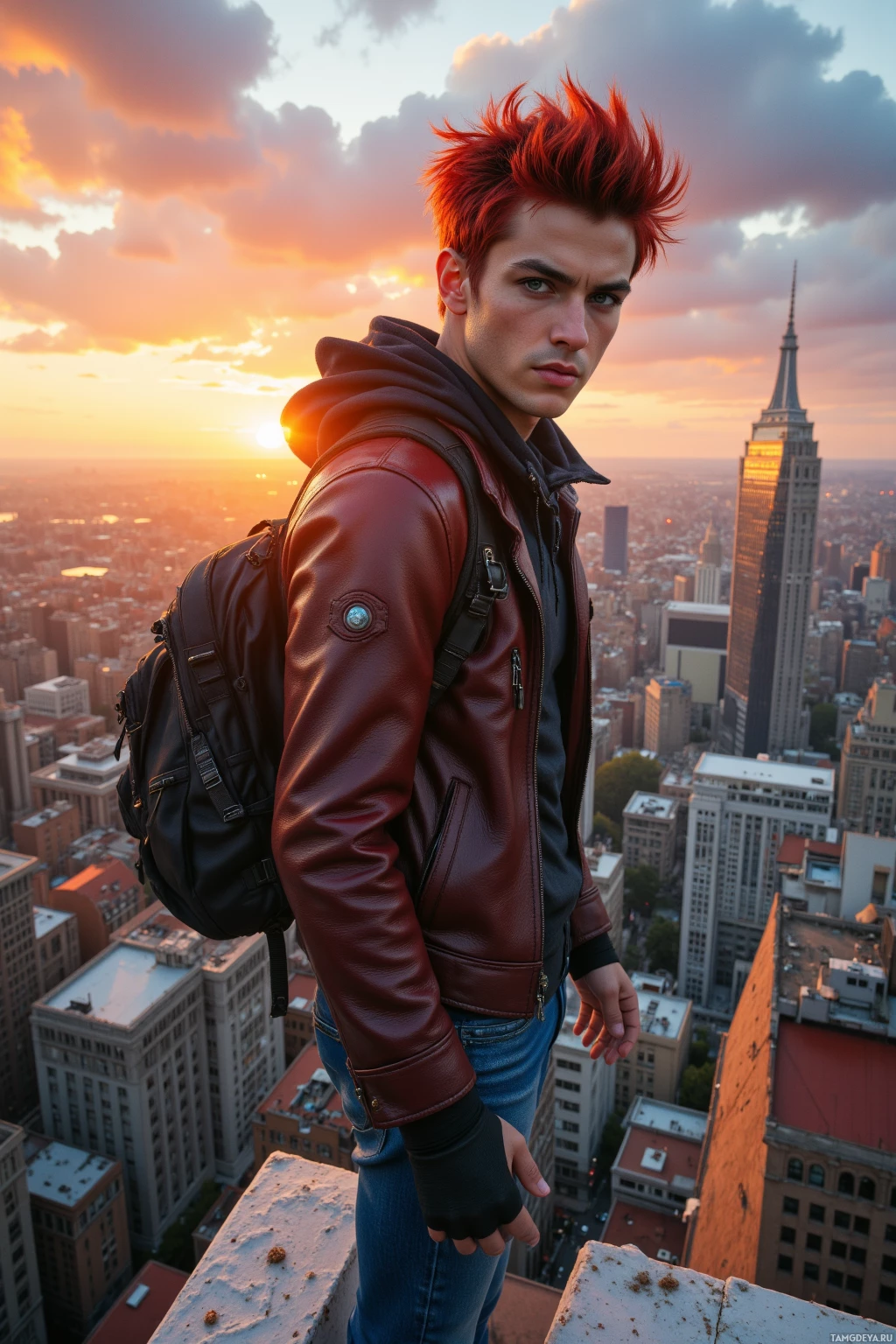 Realistic high quality photo. 30‑year‑old daring adventurer with fiery red spiky hair, piercing blue eyes, pale skin, rugged leather jacket and jeans, standing on the edge of a high‑rise rooftop platform overlooking a citys at sunrise, wind swirling around him, ready to leap into the urban abyss.