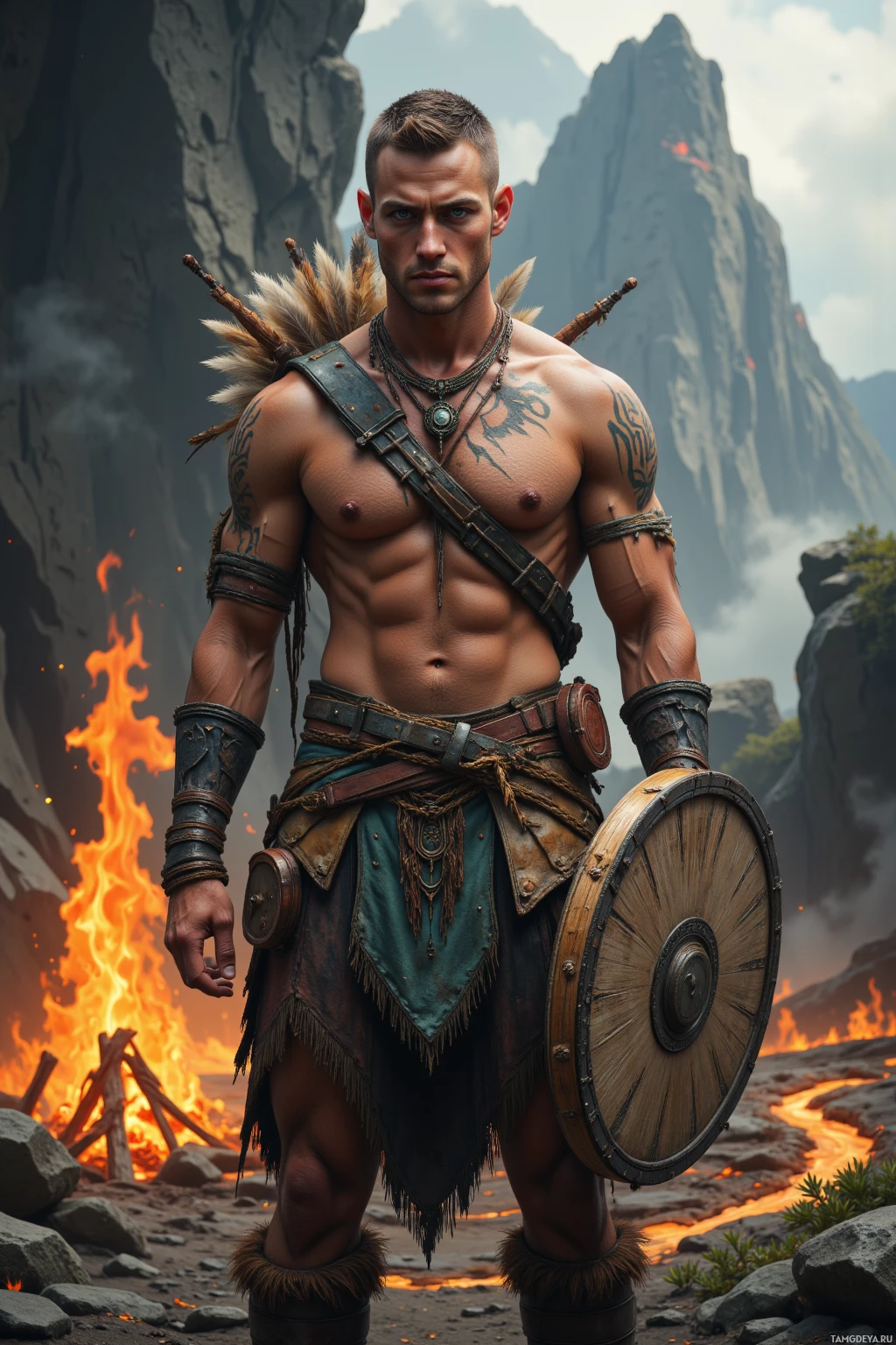 Realistic high quality photo. A muscular male tribal leader, 36, light brown short cropped hair, vibrant green eyes, fair skin, wearing elaborately crafted leather armor with tribal patterns and a feathered headdress, stands beside a circle of fire in a tribal camp, holding a single drumbeat drum while a large stone ridge looms nearby, gentle lava glow reflecting his calm temper, with herbs, smoke.