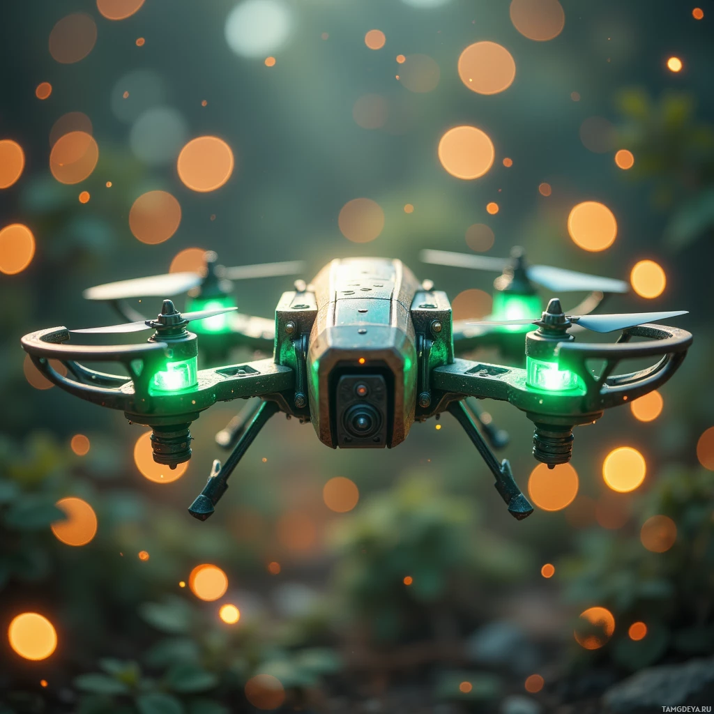 Semi-abstract image with many light, that is suitable for the post:  Solar‑powered micro‑drone with a reclaimed wood frame, brushed titanium accents, a translucent sensor array glowing faintly, sleek low‑profile humming rotors, matte green and silver finish.