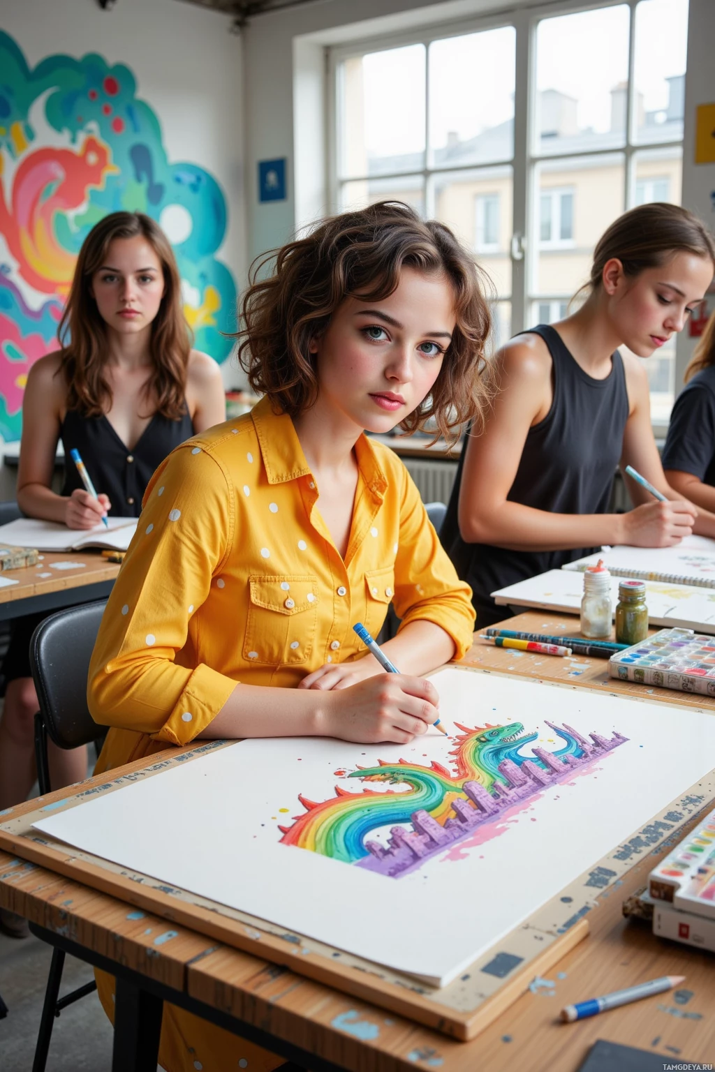 Realistic high quality photo. A 27‑year‑old woman with curly dark hair, brown eyes, fair skin, wearing a bright yellow dress with white polka dots, spinning in a modern art studio with walls covered in colorful impromptu murals, sketching a neon dragon that morphs into a cityscape, surrounded by friends holding sketchbooks, with paint cans, charcoal sticks and a wooden drafting table, natural daylight from large windows.