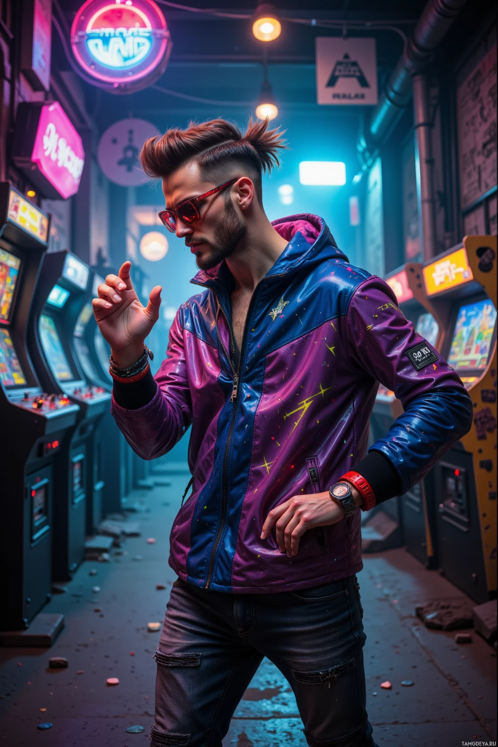 Realistic high quality photo. A 25-year-old man with a light brown mohawk, blue eyes, pale skin, wearing a flashy jacket with laser patterns and bold red sunglasses, dancing with chaotic energy in a dimly lit alley behind an old arcade, surrounded by large speakers blasting glitchy bass and pixelated flares, midnight.