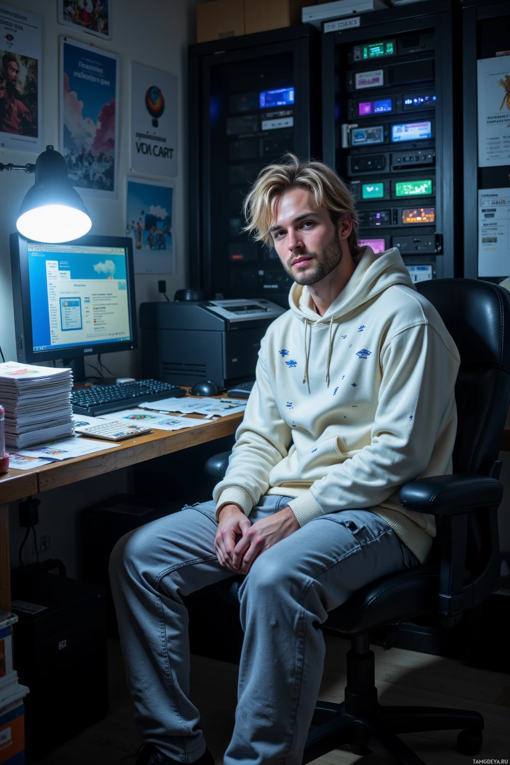 В полумраке комнаты человек сидит в кресле, вокруг – компьютер и несколько плакатов на стенах.