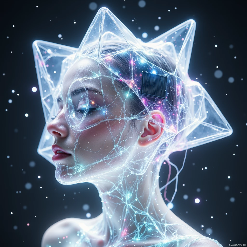 Человек в светящемся, словно подключенном к сети, головном устройстве и небольшим солнечным панелям сбоку.