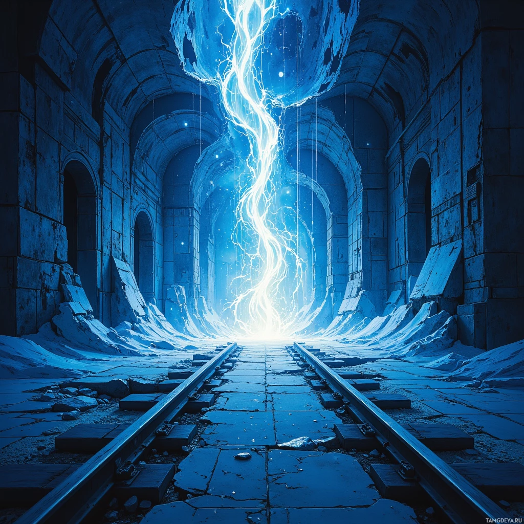 Semi-abstract image with many empty light space at center of beautiful background, that is suitable for the post:  Blueprints hum like midnight trains, each track a question, each derailment a revelation.