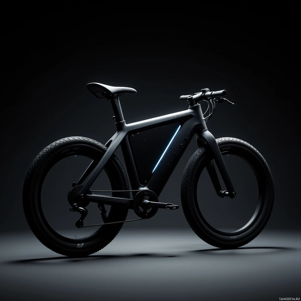 Изящный, современный электровелосипед с темной рамой и светящимися синими элементами представлен на фоне темного фона.