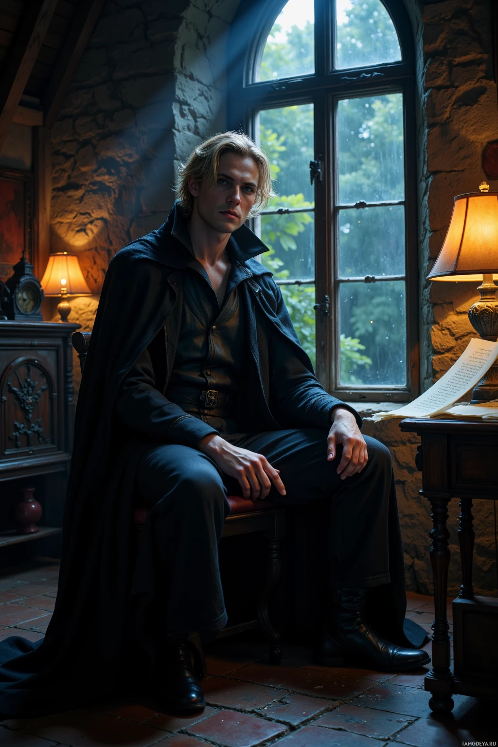 Мужчина в темном пальто сидит на стуле у окна в полумраке комнаты.