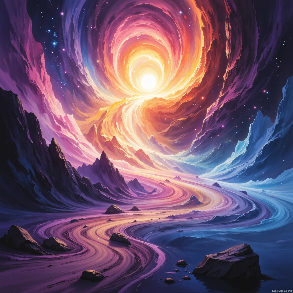 Яркий, космический пейзаж с вихрящимися облаками, сияющим солнцем и гористой местностью.