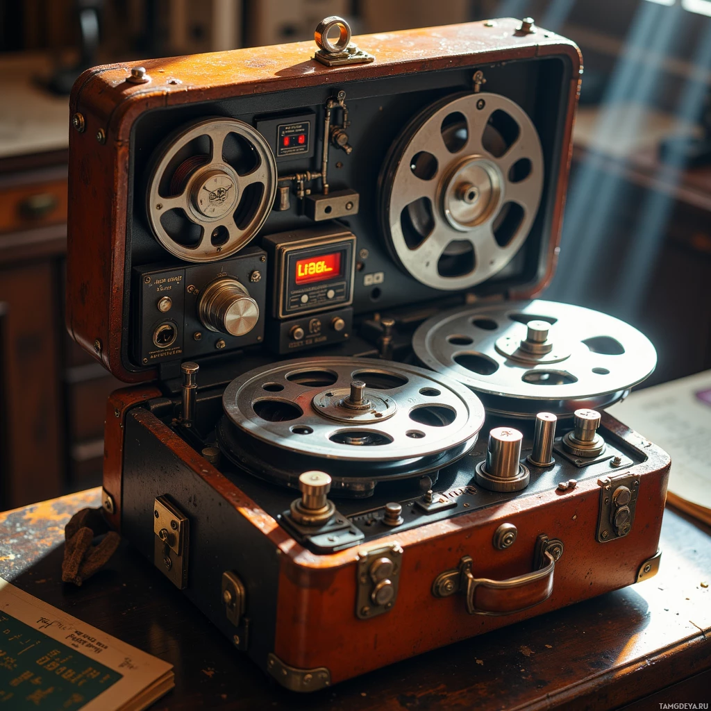 На деревянном столе лежит старинный катушечный магнитофон.