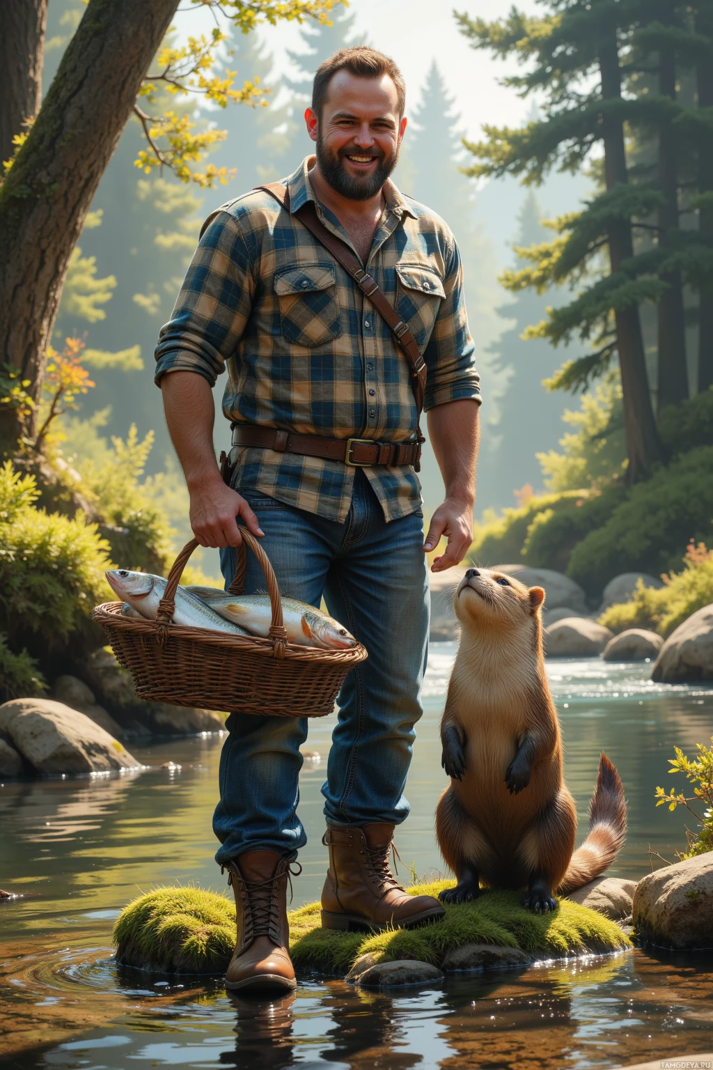 Мужчина стоит у реки с корзиной рыбы, неподалеку на мшистой скале стоит выдра.