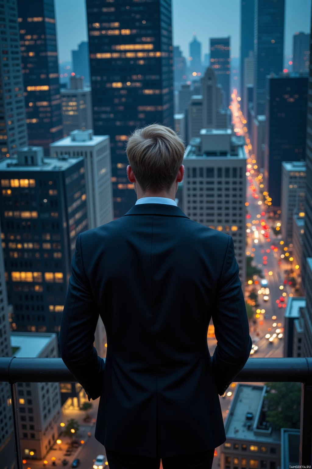 Человек в костюме стоит на крыше, откуда открывается вид на город на закате.