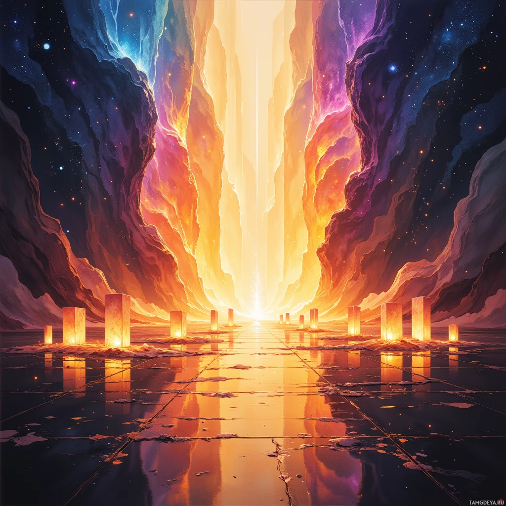 Яркая, космическая сцена с сияющей тропой, ведущей сквозь небесный ландшафт, усеянный скальными образованиями и усыпанным звёздами.