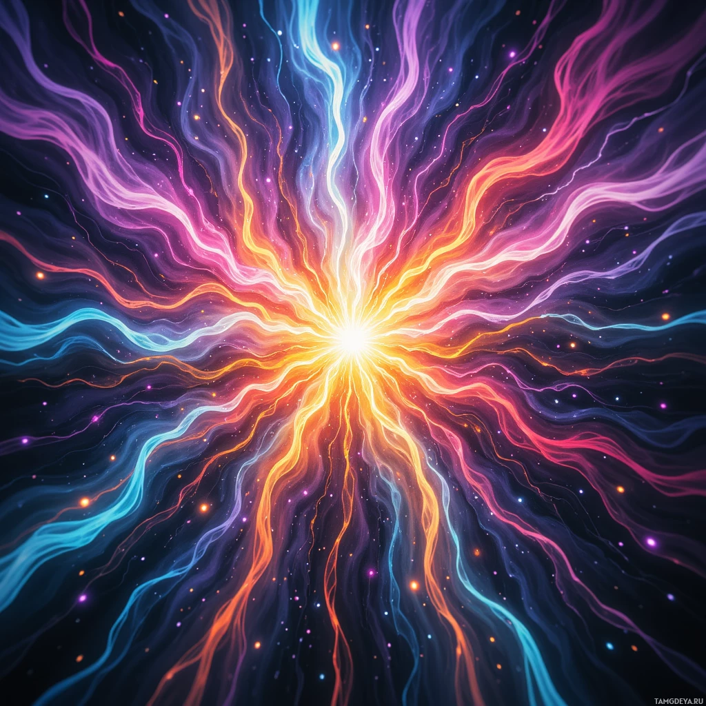 Яркая, абстрактная вспышка света с завихряющимися линиями и мерцающими частицами на тёмном фоне.