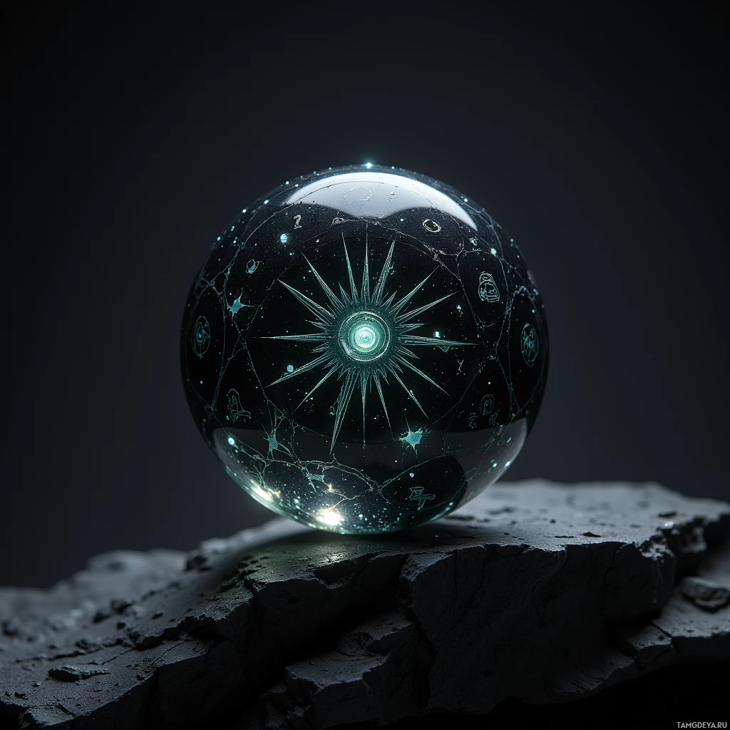Semi-abstract image with many light, that is suitable for the post:  tiny obsidian lens the size of a thumb, polished black mirror surface, faint iridescent glow, engraved cryptic sigils that shift with light, high detail close‑up, studio lighting, no background.