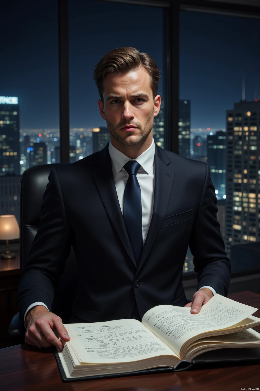Realistic high quality photo. male, 34, slicked-back light brown hair, piercing green eyes, tailored black suit with crisp white shirt and slim tie, standing at a polished office desk at midnight, holding an open ledger, tense posture, gazing out at a dimly lit city background through windows, modern realism