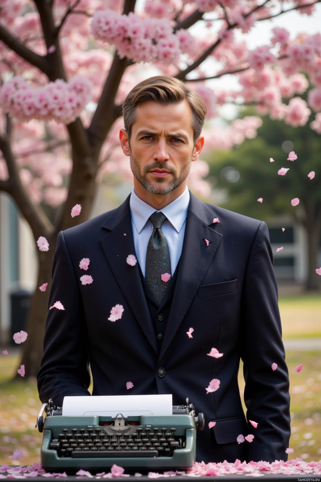 Realistic high quality photo. A 38‑year‑old man with light brown graying hair, blue eyes, wearing a sharply tailored dark suit and tie, standing on a quiet film set backlot in late afternoon, watching cherry blossom petals fall like confetti onto a prop table with an antique typewriter, rehearsing a line with a subtle, skeptical smile.
