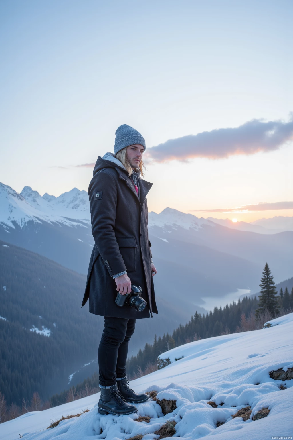 Realistic high quality photo. Tall blonde-haired man in a wool coat and beanie with a camera slung around his neck, standing on a snowy ridge at dawn, pale blue sky melting into the horizon, frost-covered valley below, holding camera to capture the moment.