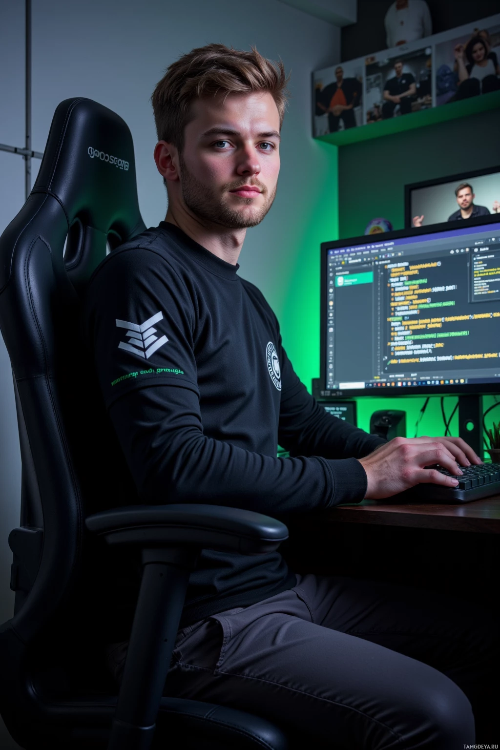 Человек сидит за столом в игровом кресле и работает на компьютере, на мониторе отображается код.