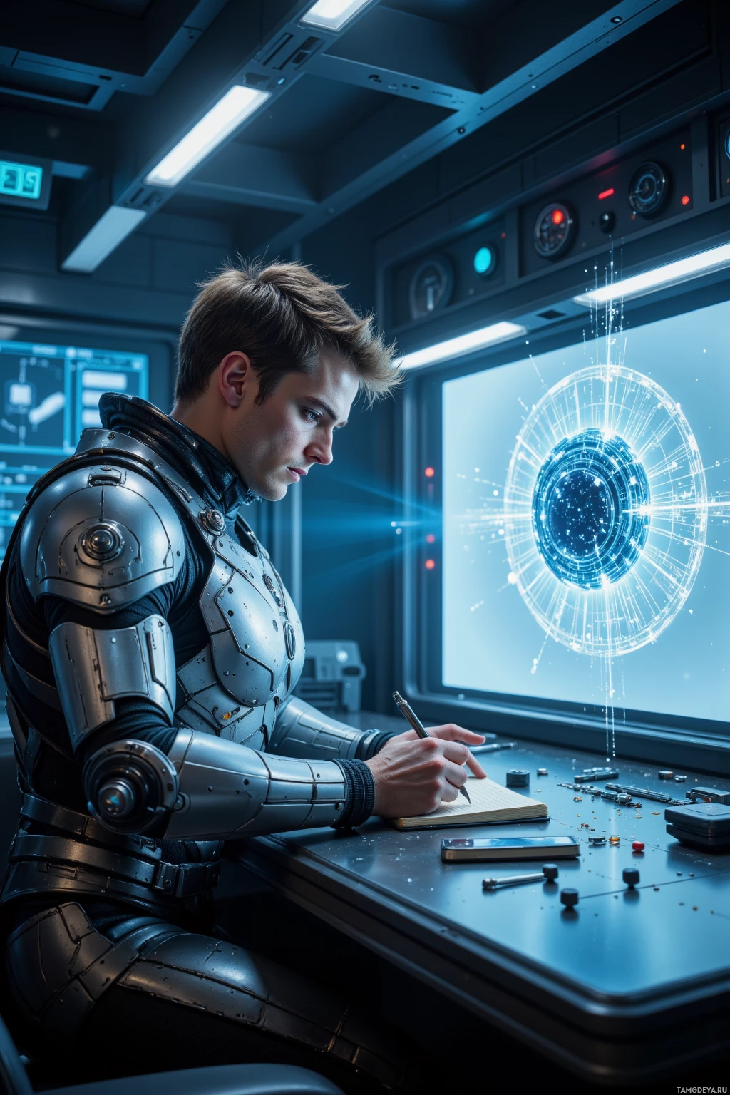 Realistic high quality photo. Male, 35, light brown hair, bright blue eyes, pale skin, wearing sleek silver‑gray futuristic armor with streamlined design, standing in a dimly lit quantum control room at night, scribbling in a notebook beside a floating holographic 3D quantum lattice model with algorithmic data streams projected on the walls, exuding laser focus and strategic posture.