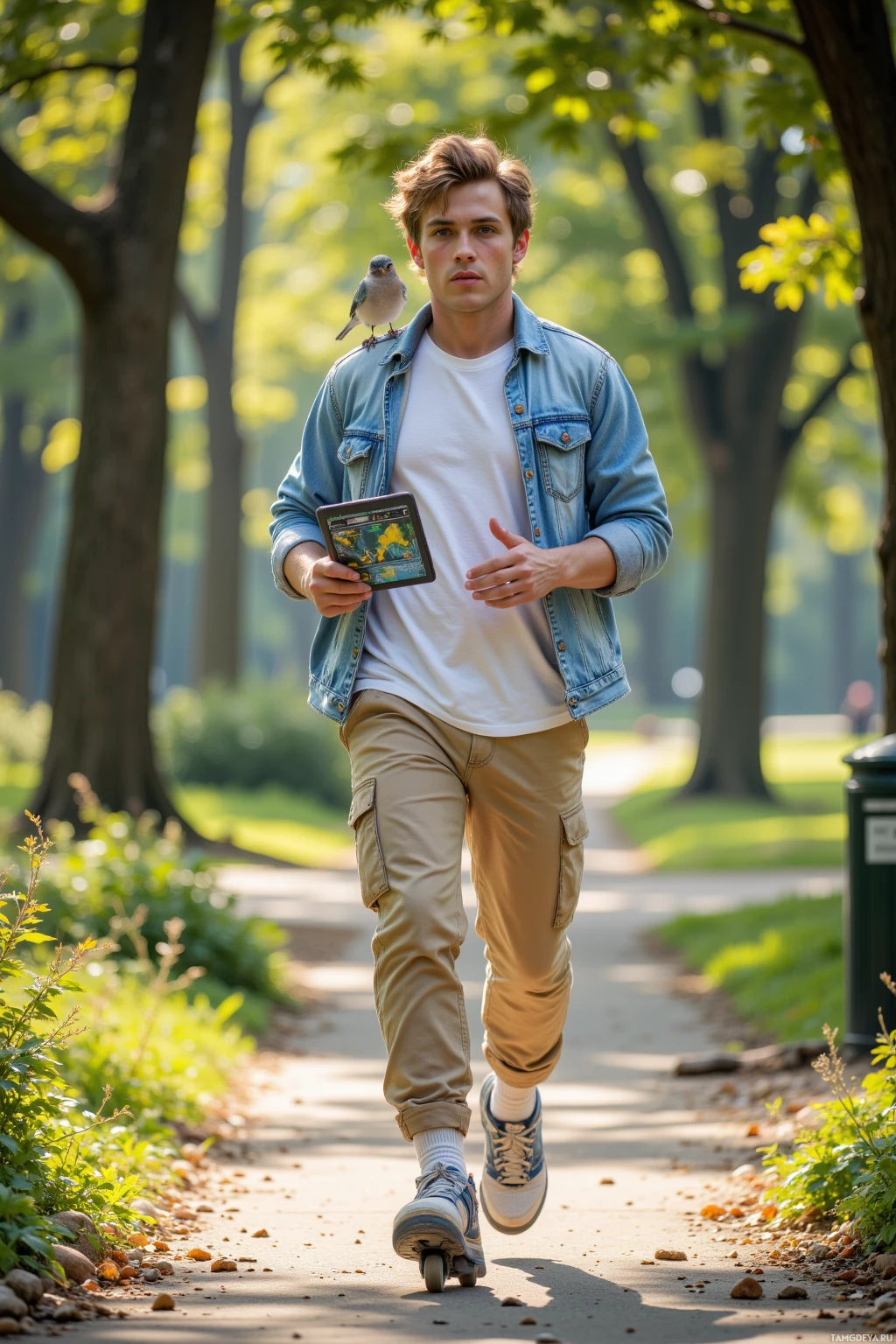 Realistic high quality photo. Young man, 21, white t-shirt under a light denim jacket, beige cargo pants, tousled light brown hair, bright blue eyes, jogging through a sunlit park while holding a protein bar and a tablet showing climate graphs, chasing a shattered drone on rollerblades, debating invasive species with friends, with a small bird perched on his shoulder and a potted houseplant nearby.