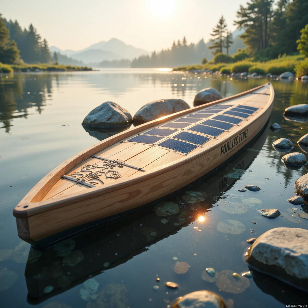 Semi-abstract image with many light, that is suitable for the post:  Solar-powered folding kayak with a sustainably sourced cedar frame, natural wood hull etched with subtle river‑stone motifs, discreetly embedded dark solar cells, a compact battery compartment, and integrated passive sonar array, minimalist low‑weight design.