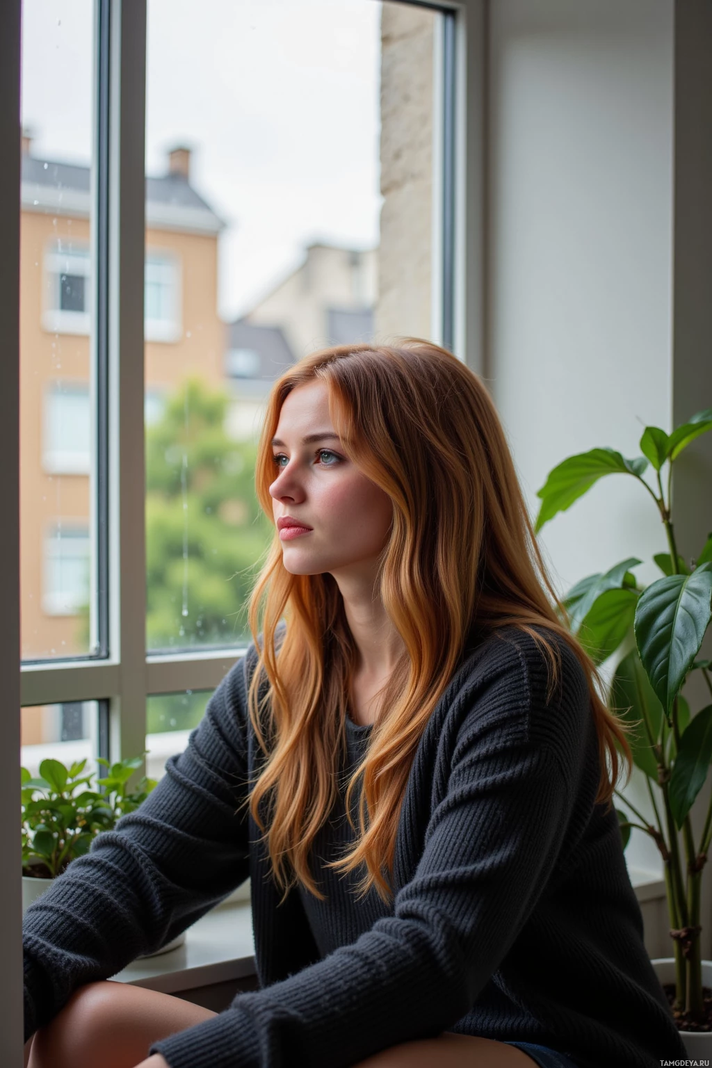 Realistic high quality photo. A 36‑year‑old woman with long wavy russet hair, blue eyes, pale skin and soft features, wearing a cozy sweater, sits on a modest balcony in a modern apartment, watching rain trace thin ribbons down a large window while light filters through leafy plants, her posture reflecting quiet contemplation.
