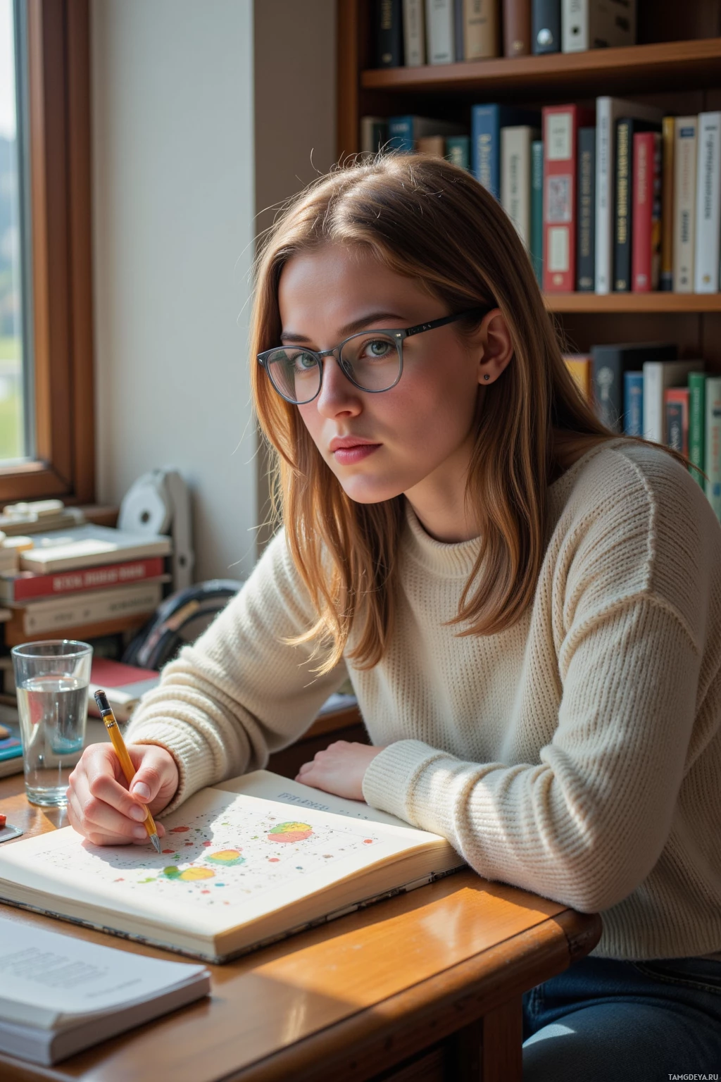 Человек в очках сидит за столом и пишет в блокноте карандашом.