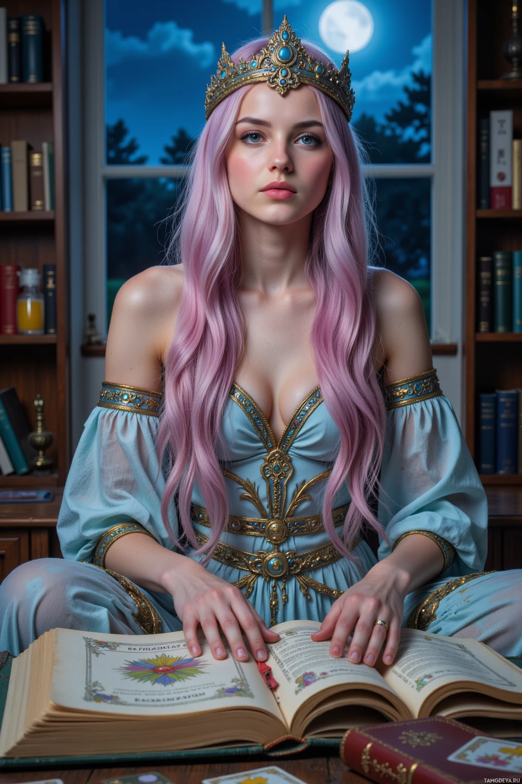Человек с длинными розовыми волосами и короной, в голубом и золотом платье, сидит за столом с открытой книгой и различными предметами.