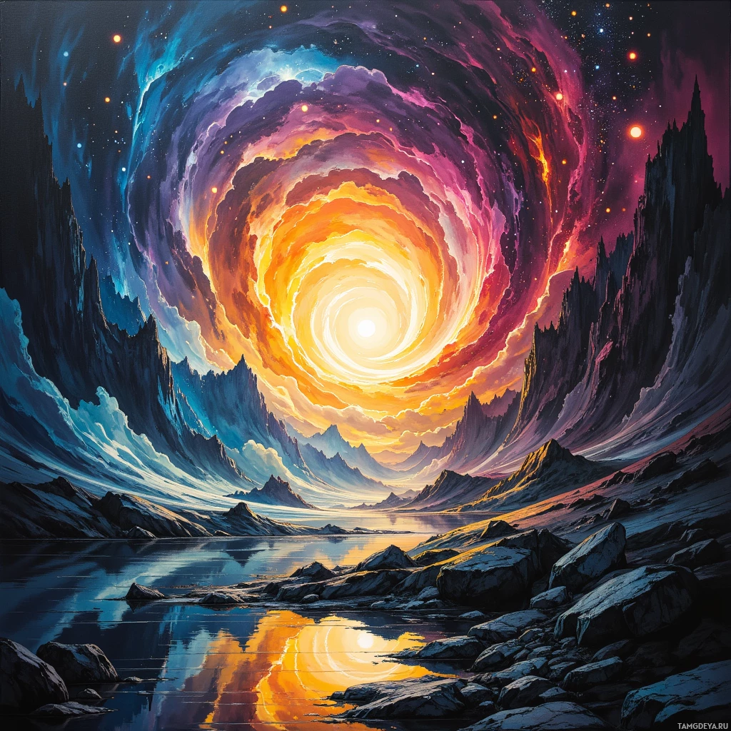 Яркая космическая сцена с закручивающейся галактикой и каменистым ландшафтом, отражающимся в спокойной водной глади.