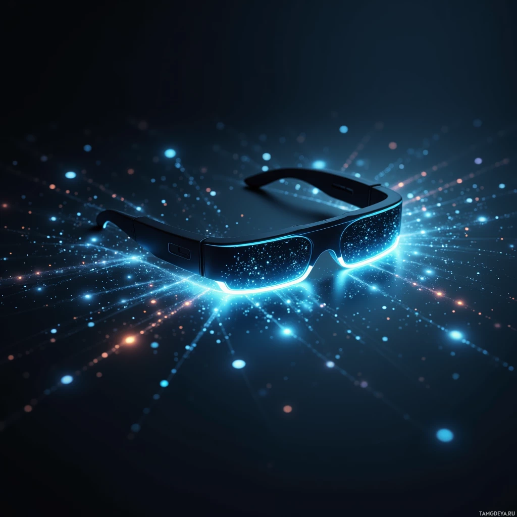 Футуристичные очки с синими светящимися полосами на заднем плане.