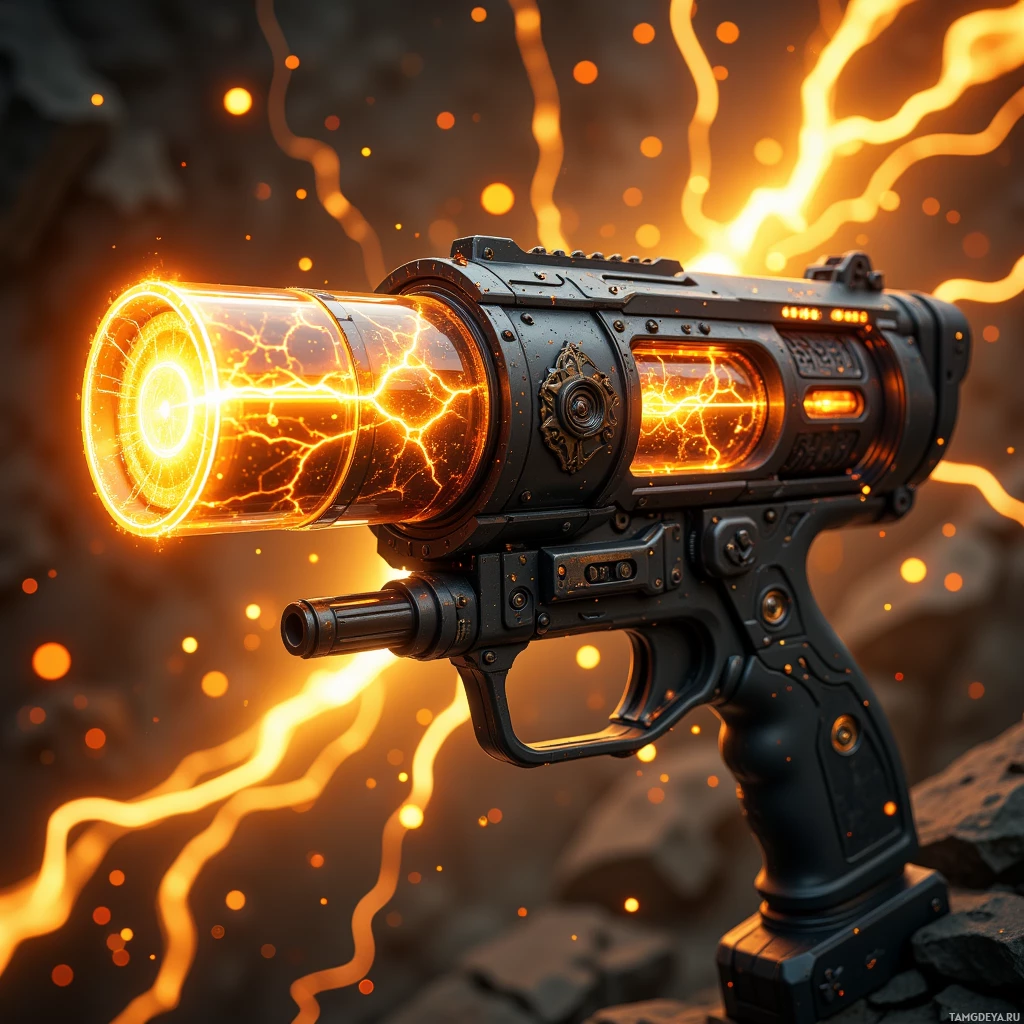 Футуристическое оружие, излучающее энергию, с металлическим покрытием и сложным дизайном.